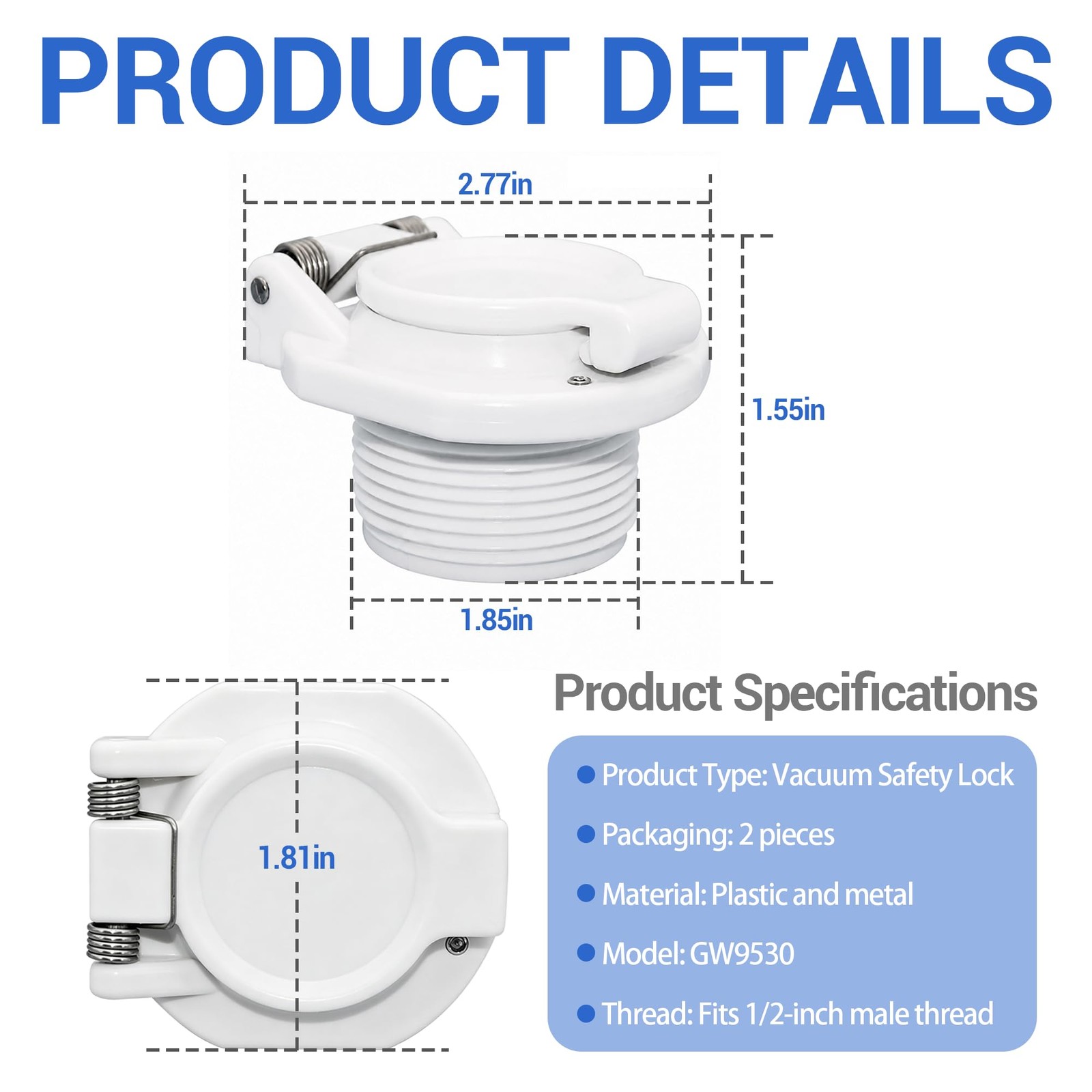 GW9530 Vac Port Fitting, White Free Swivel Pool Vacuum Suction Lock