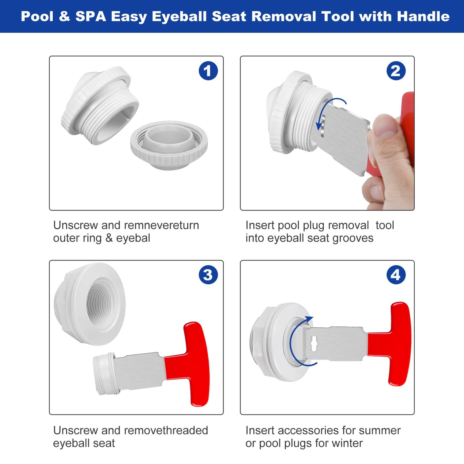 Pool Plug Removal Tool with Handle Grip, Upgraded Metal Eyeball Seat Red-1