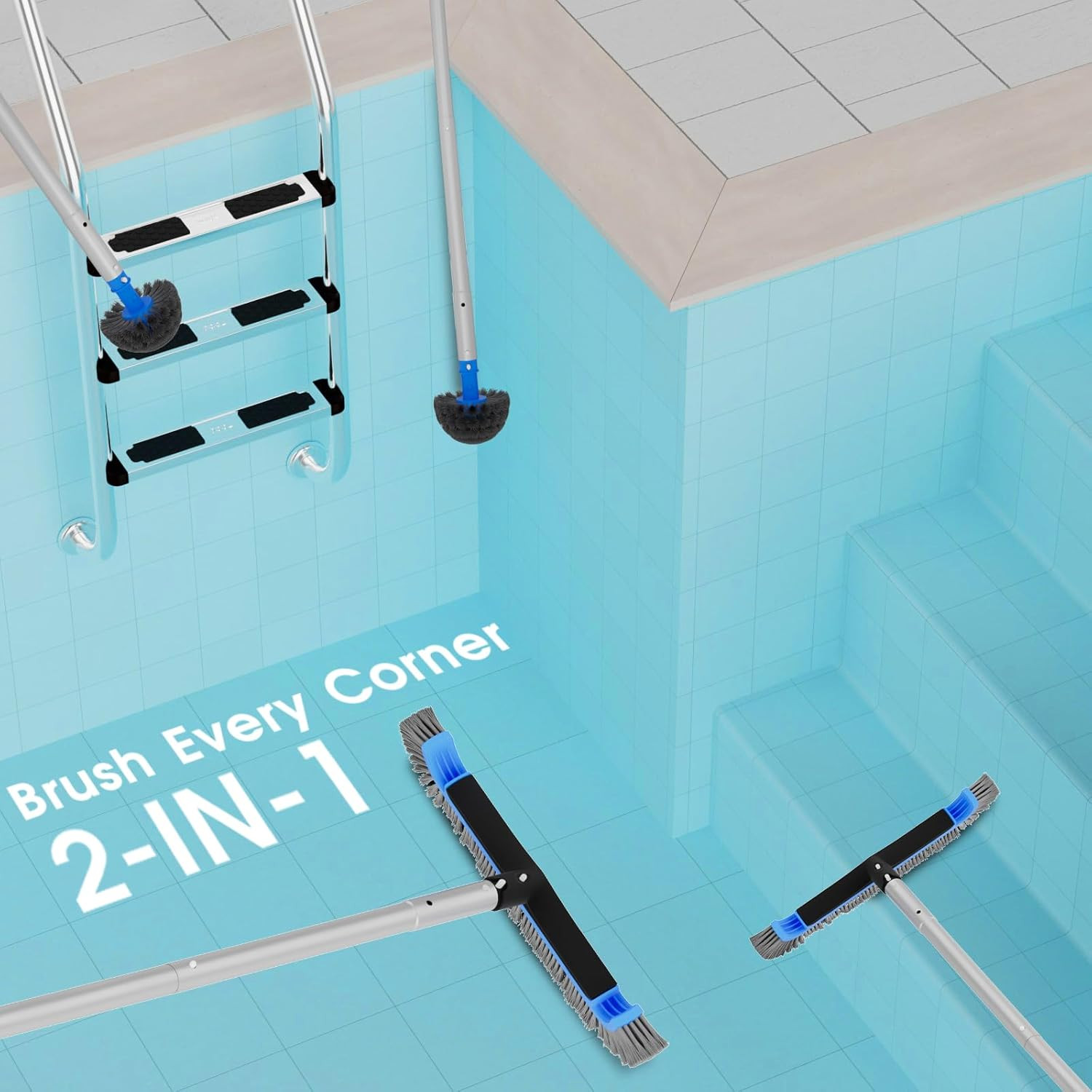 2 in 1 Multifunctional Pool Brush with 10 FT Poles – 17.5 » Heavy Duty Swimming