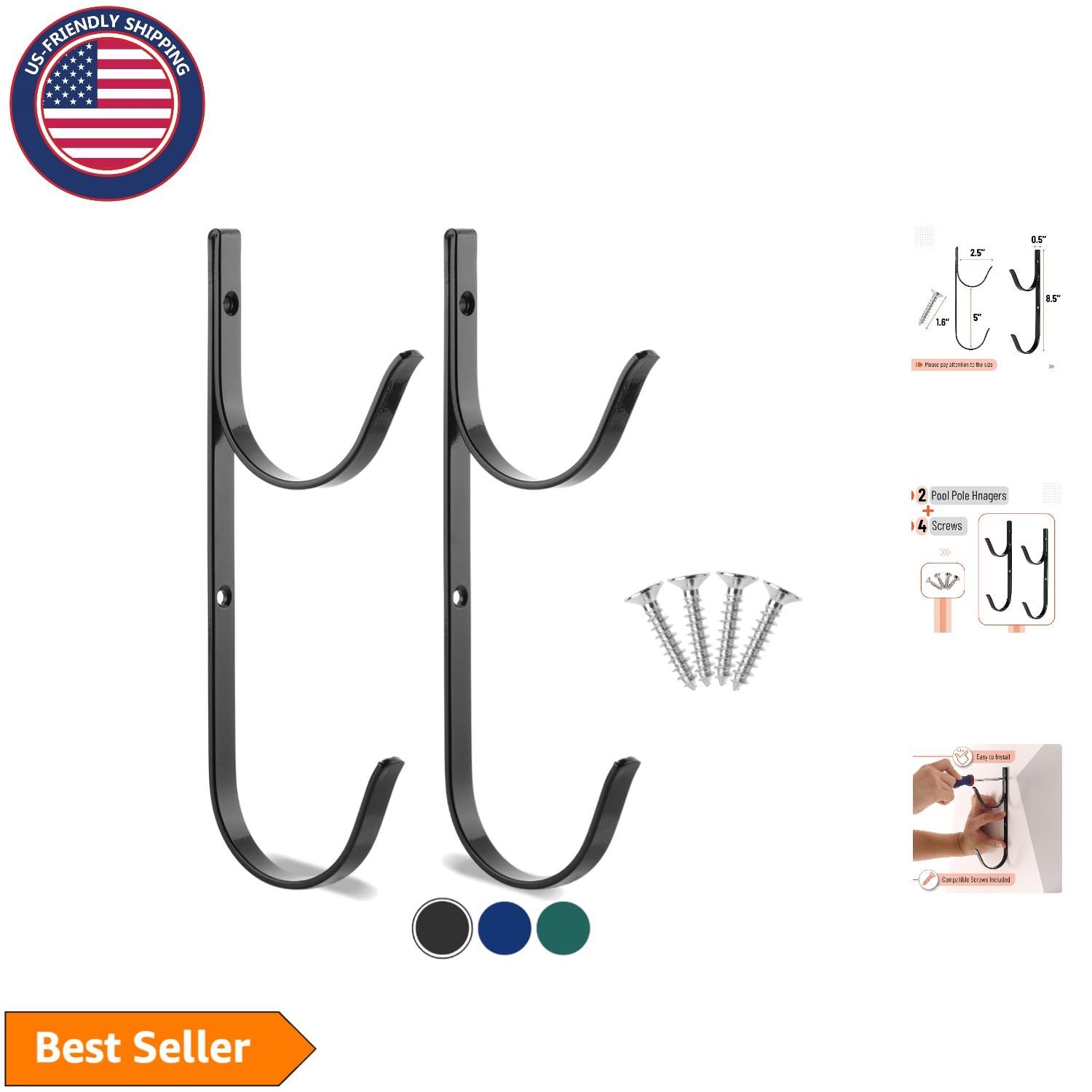 Heavy-Duty Black Aluminum Pool Pole Hangers – 2 Pack for Outdoor Organization