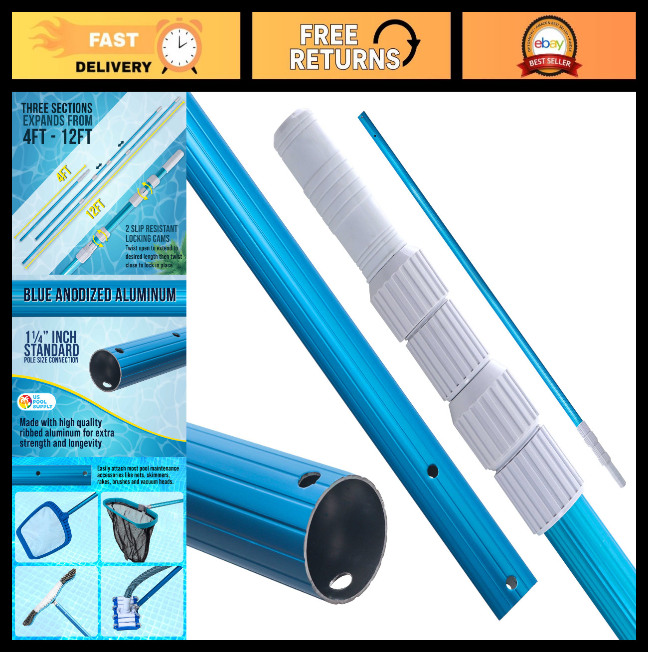 12ft Telescopic Aluminum Pool Pole – Skimmer, Rake, Brush, Vacuum Handle, 3-Piec