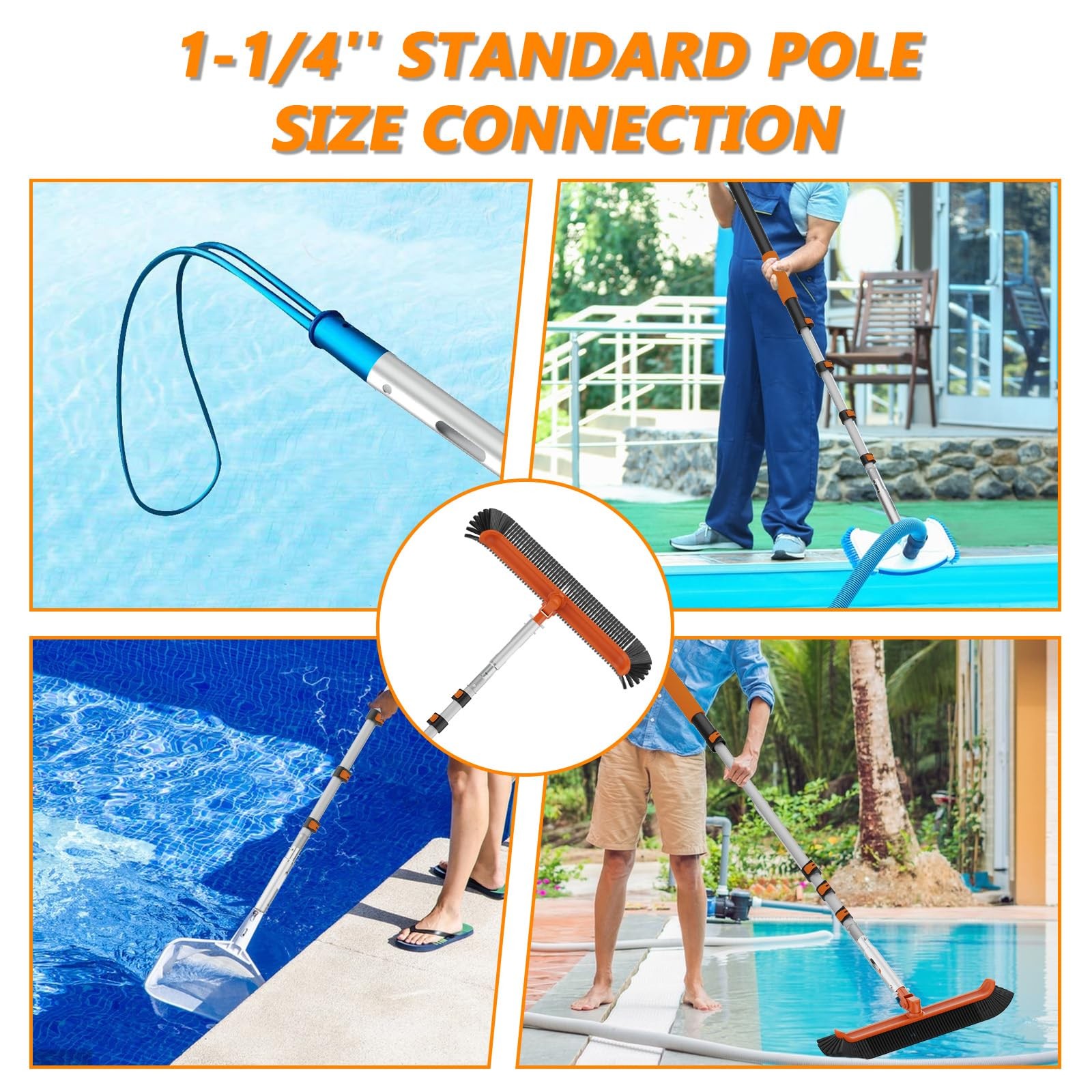 16FT Telescoping Pool Pole with Brush, Heavy Duty Reinforced Aluminum Telesco…