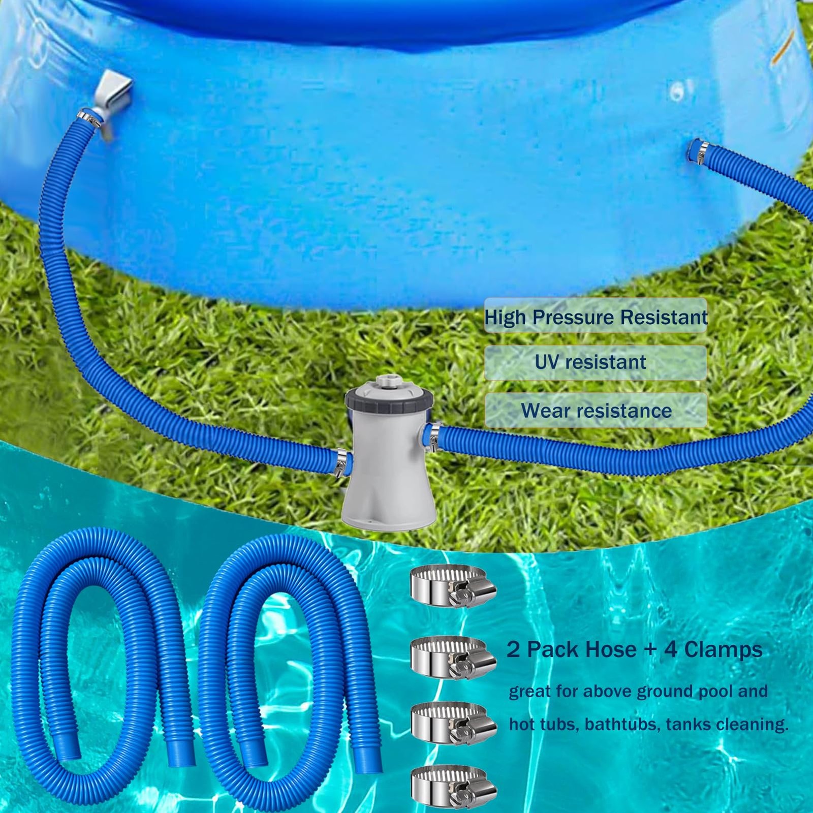 Hxxyilok Pool Hose Replacement, 1.25 x 59 inch, Blue, Durable PVC