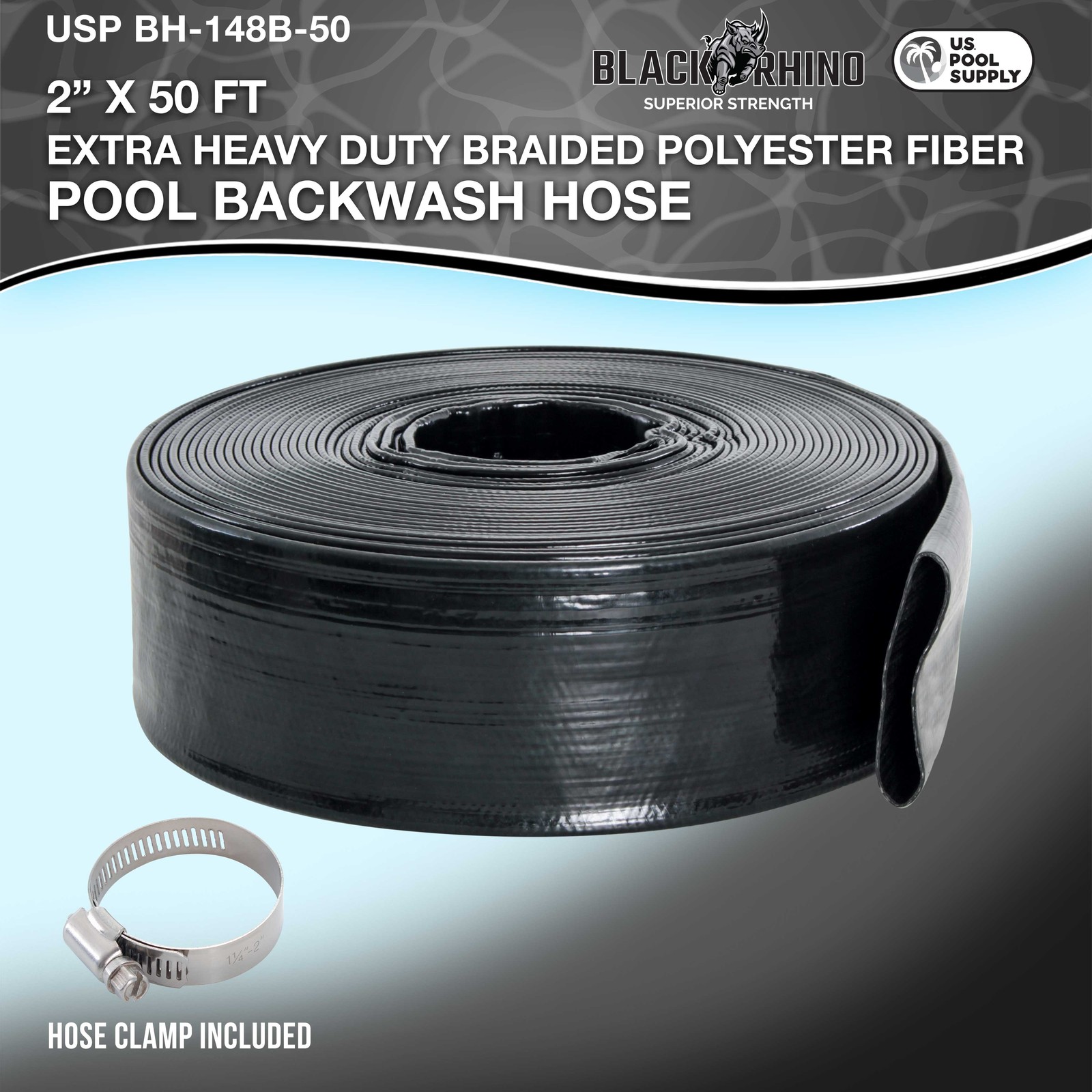 U.S. Pool Supply Black Rhino 2&Prime; x 50&prime; Pool Backwash Hose with Hose Clamp