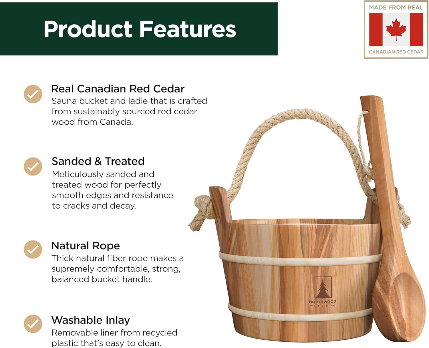 Sauna Bucket and Ladle Set Handmade Canadian Red Cedar 1 Gallon Rope Handle