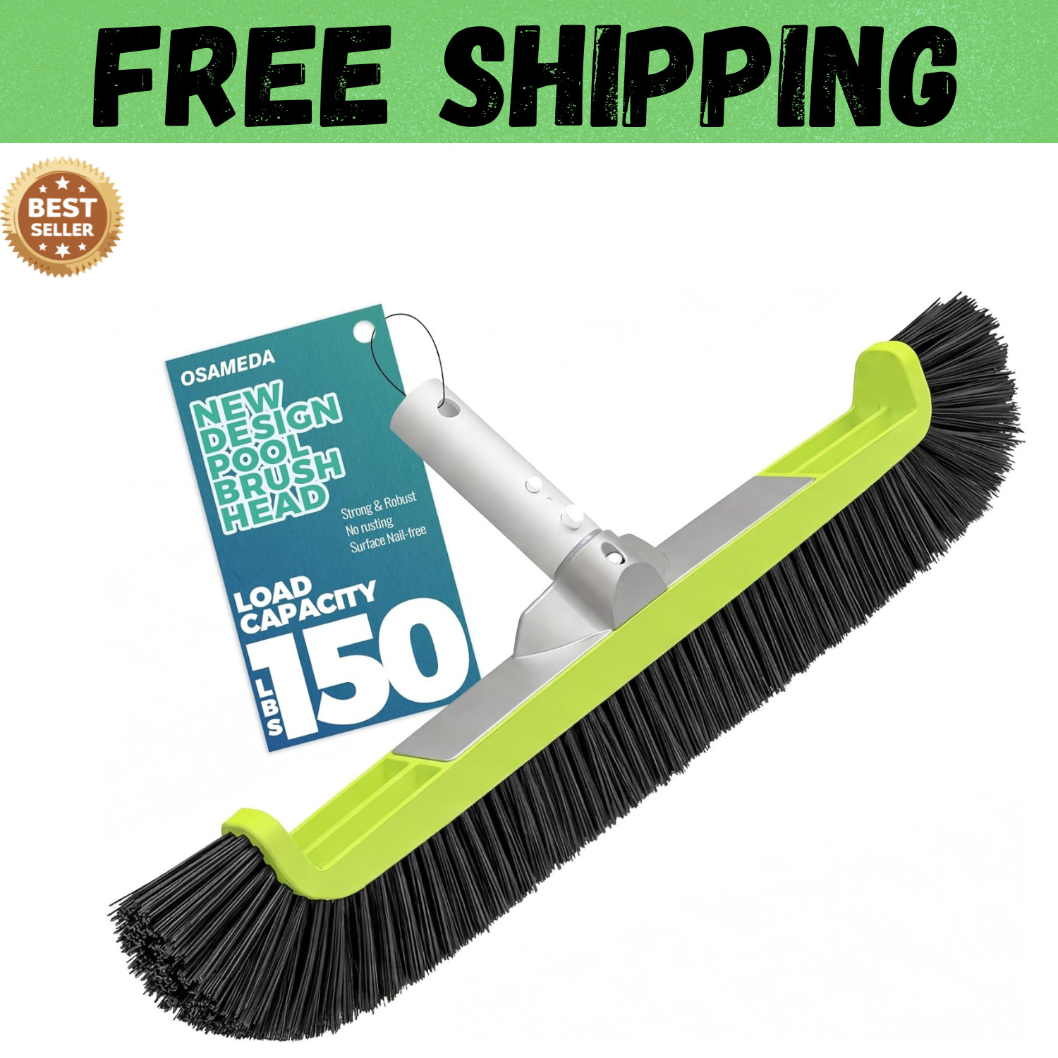 18&Prime; Pool Brush Head for Cleaning Swimming Walls,Curved Ends Scrub Brush Black US