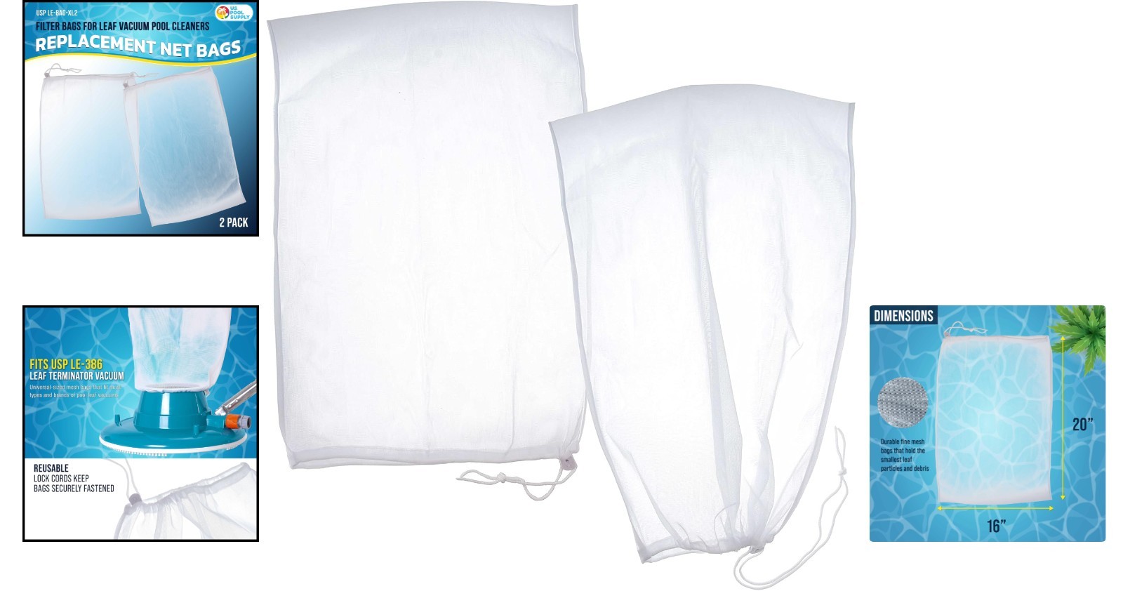 Fine Mesh Filter Bags for Leaf Vacuum Pool Cleaners – 2 Pack, 16&Prime; x 20&Prime;