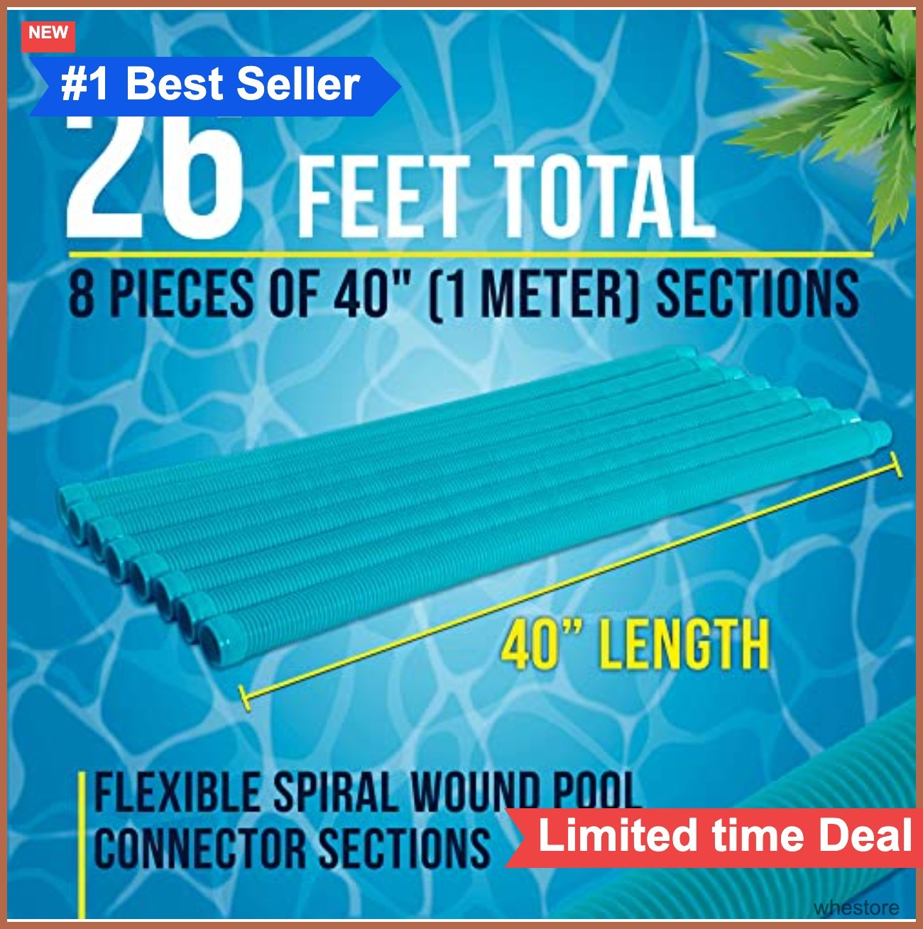 Pool Vacuum Hose 8 Piece Set 1.5 Inch 26 Feet Teal Spiral Wound Connector