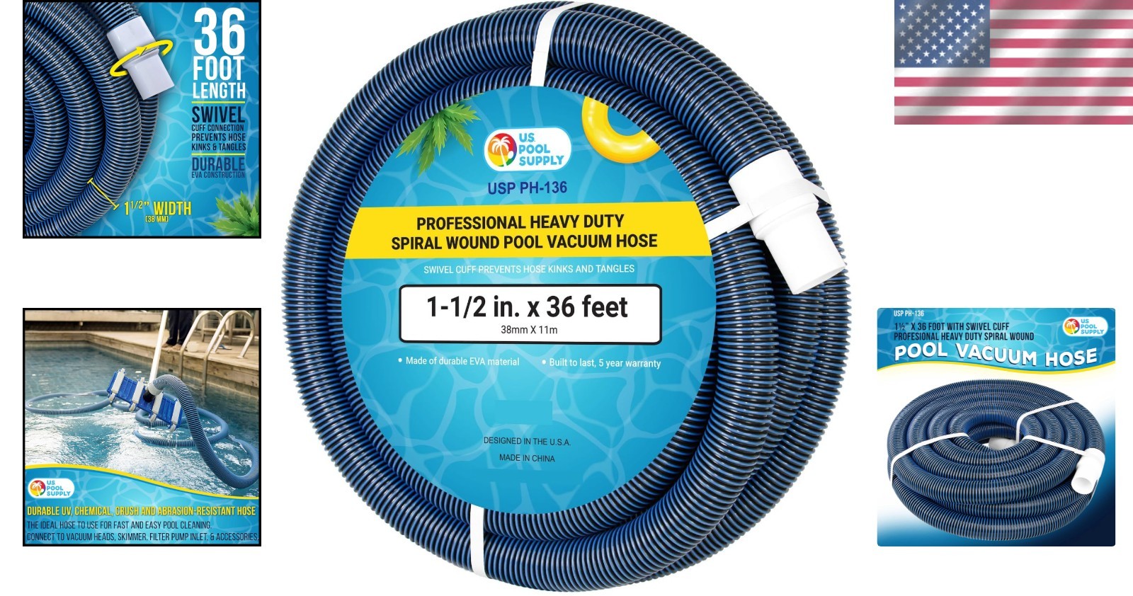 Heavy Duty Pool Hose 36 ft 1-1/2&Prime; EVA Kink-Free Swivel for Inground