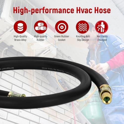 High Flow HVAC Vacuum Hose 1/2&Prime; ID – 3/8&Prime; to 1/4&Prime; Fittings, 6FT Refrigerant