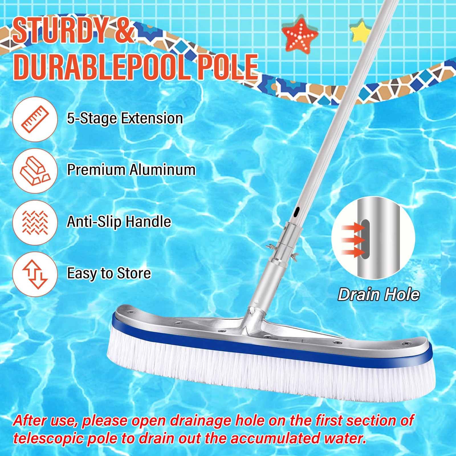 Extendable 12FT Pool Cleaning Pole, Heavy Duty Aluminum with 4 Baffle Locks