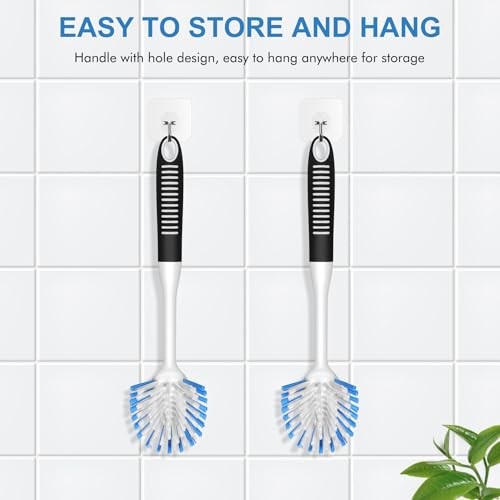 Dish Brush with Handle – 2 Pack Stiff Bristles Dish Scrubber – Black-Blue