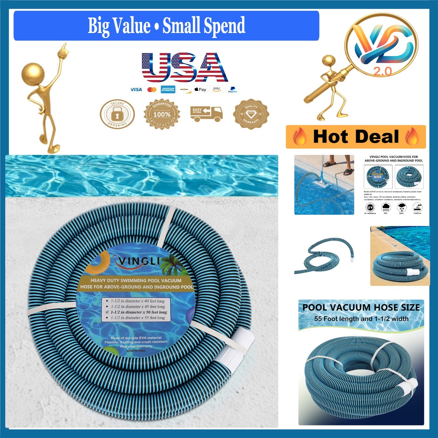 Blue 1-1/2-Inch x 50-Foot Pool Vacuum Hose Heavy Duty EVA