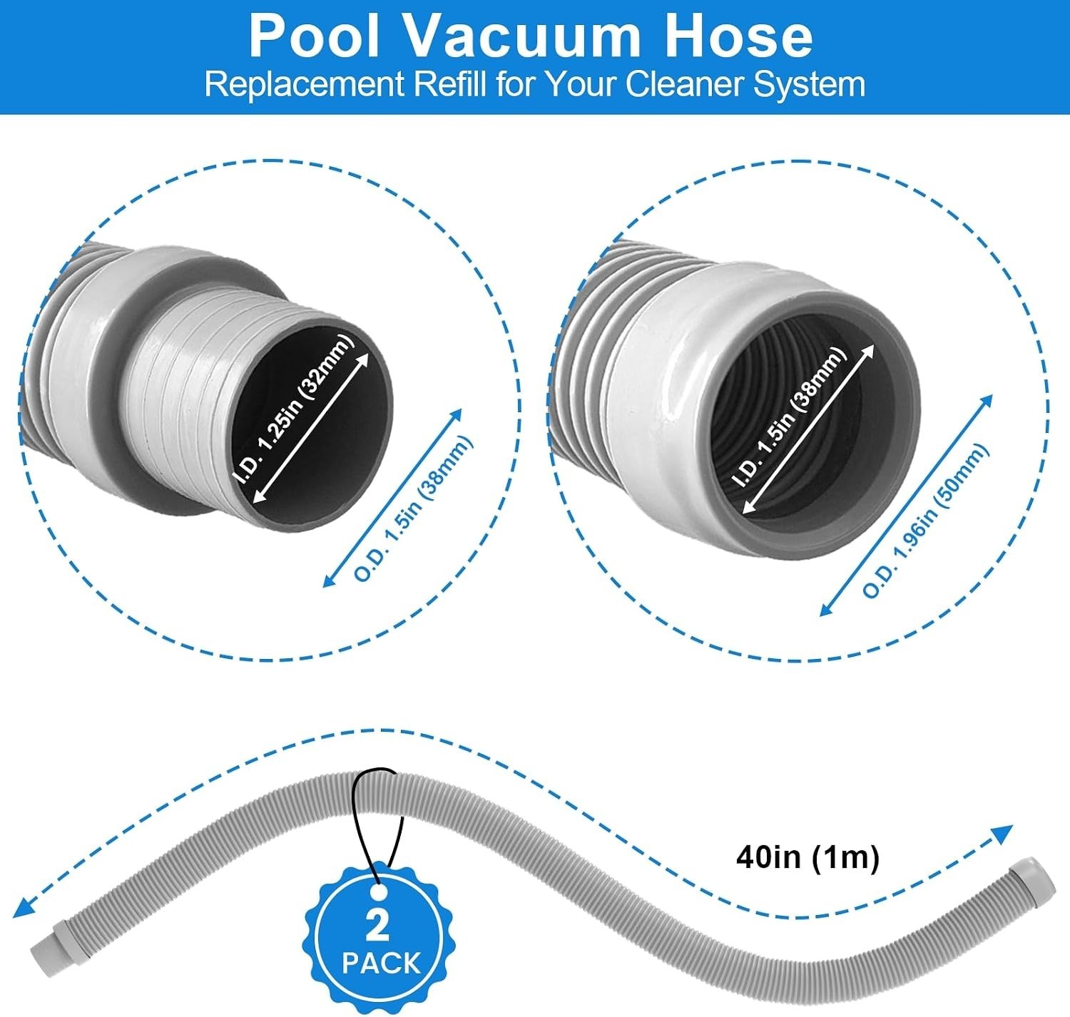 Spiral Wound Pool Vacuum Hose 40 Inch 2 Pack Gray Strong Lightweight Material