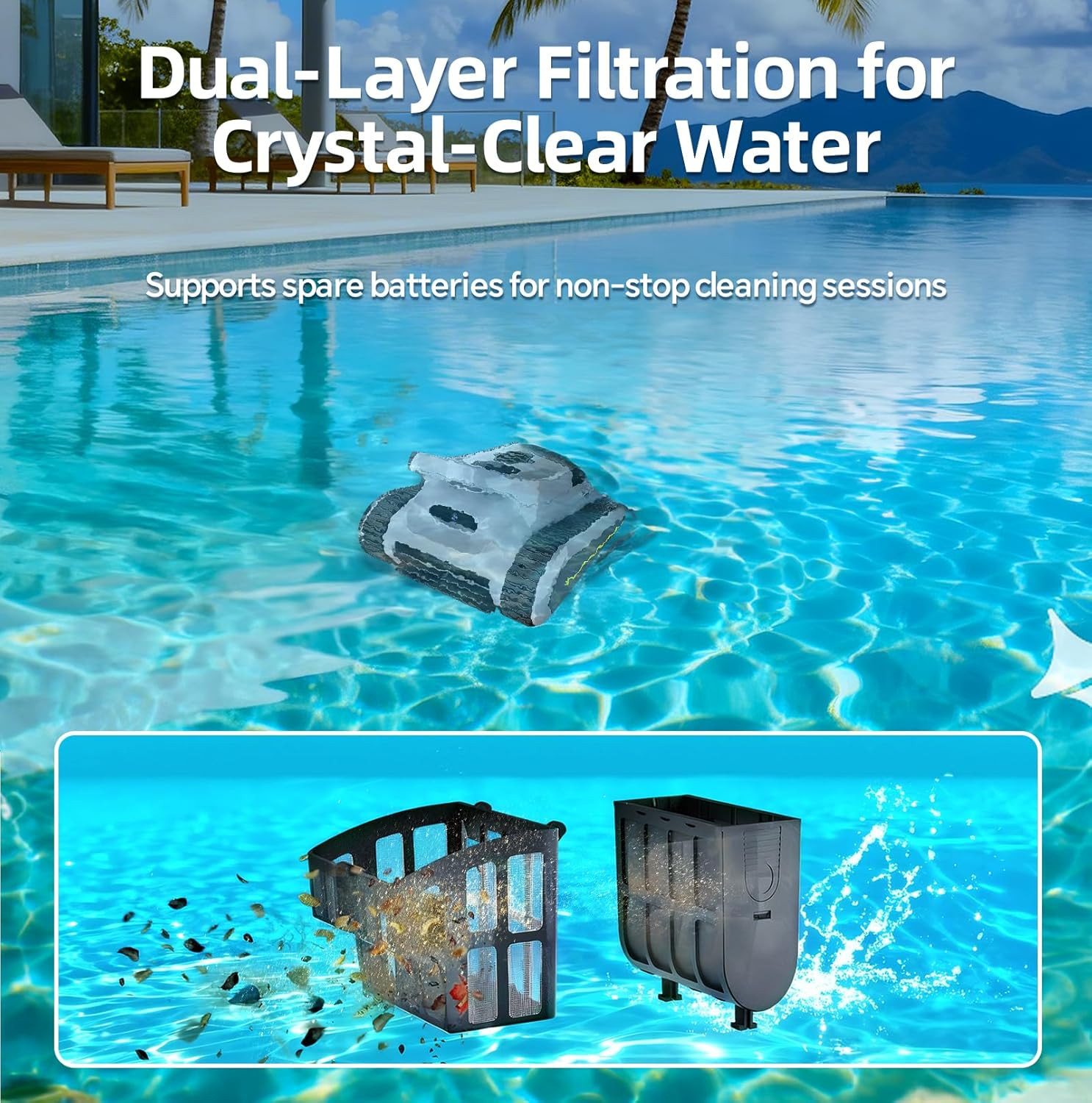 Cordless Robotic Pool Vacuum for Inground & Above Ground Pools, 3-Hour Runtime