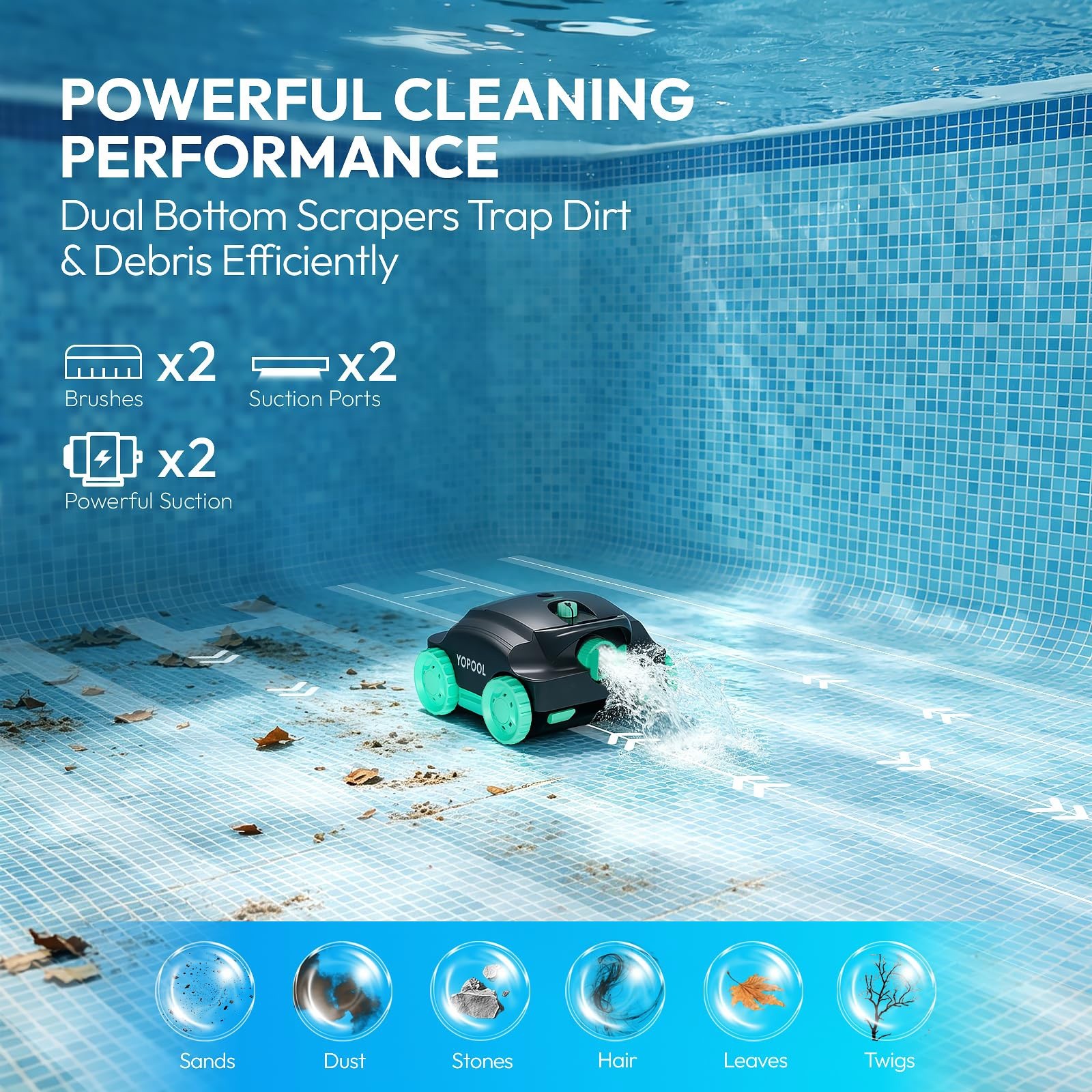 Cordless Robotic Pool Cleaner, Dual-Layer Filtration 100-Min, 860 Sq.Ft