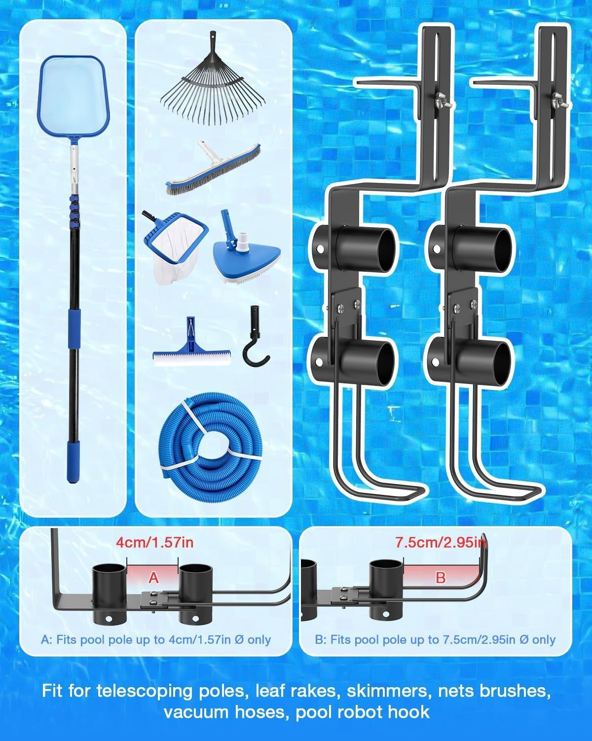 Pool Fence Hooks Adjustable, Heavy Duty Metal Hanger for Pool Equipment, Skimmer