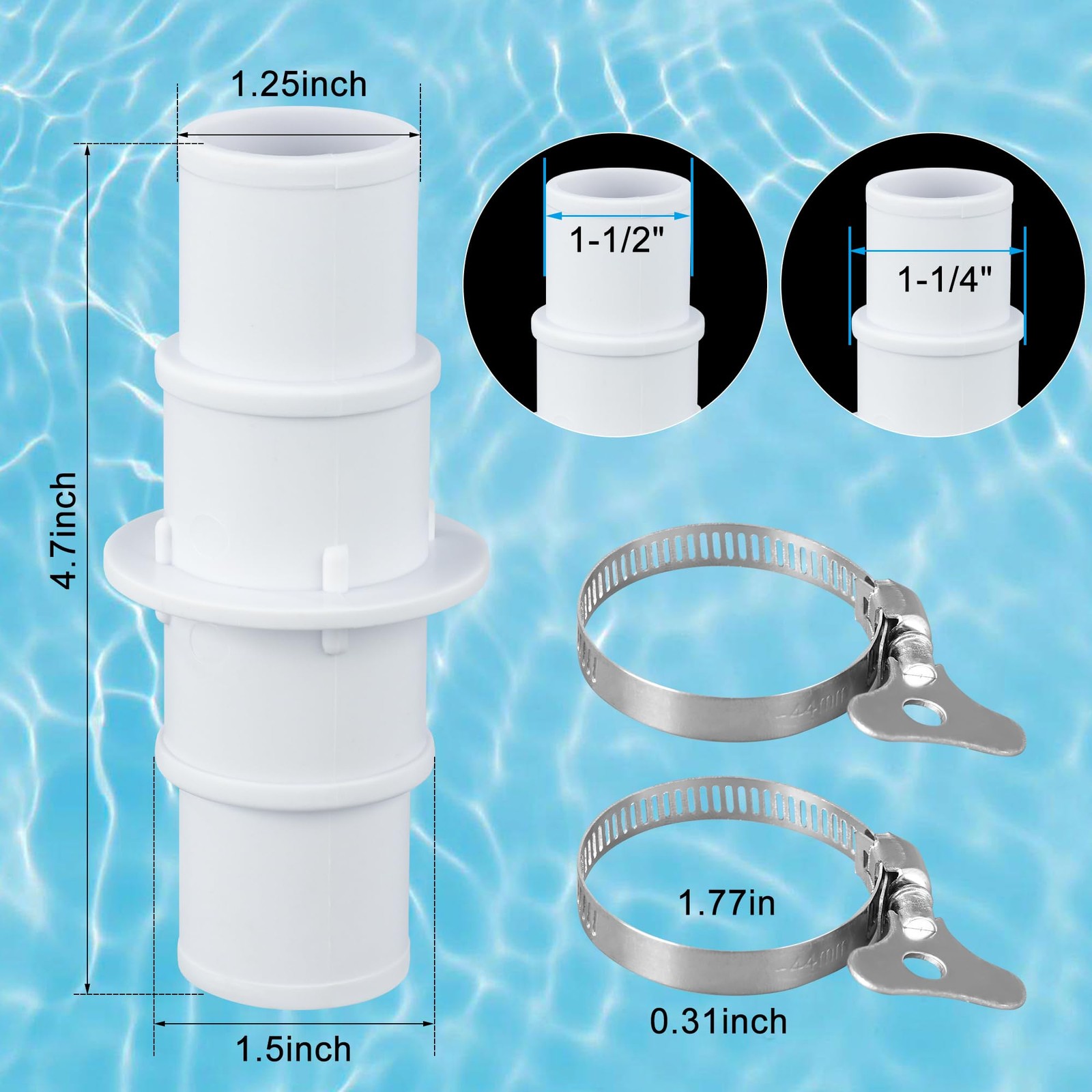 Pool Hose Adapter Pump Connector 1.25 to 1.5 inch inches, White