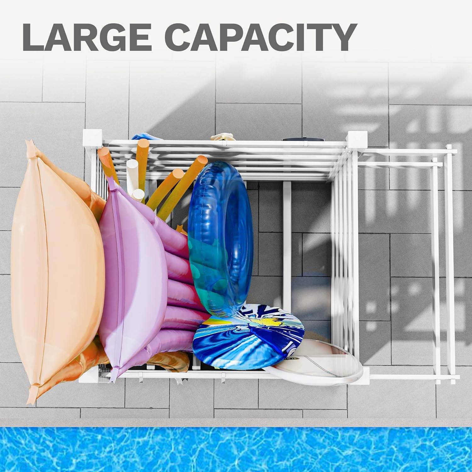 Pool Storage Organizer with 6 Adjustable Hooks, Large Pool Float Holder & Noodle