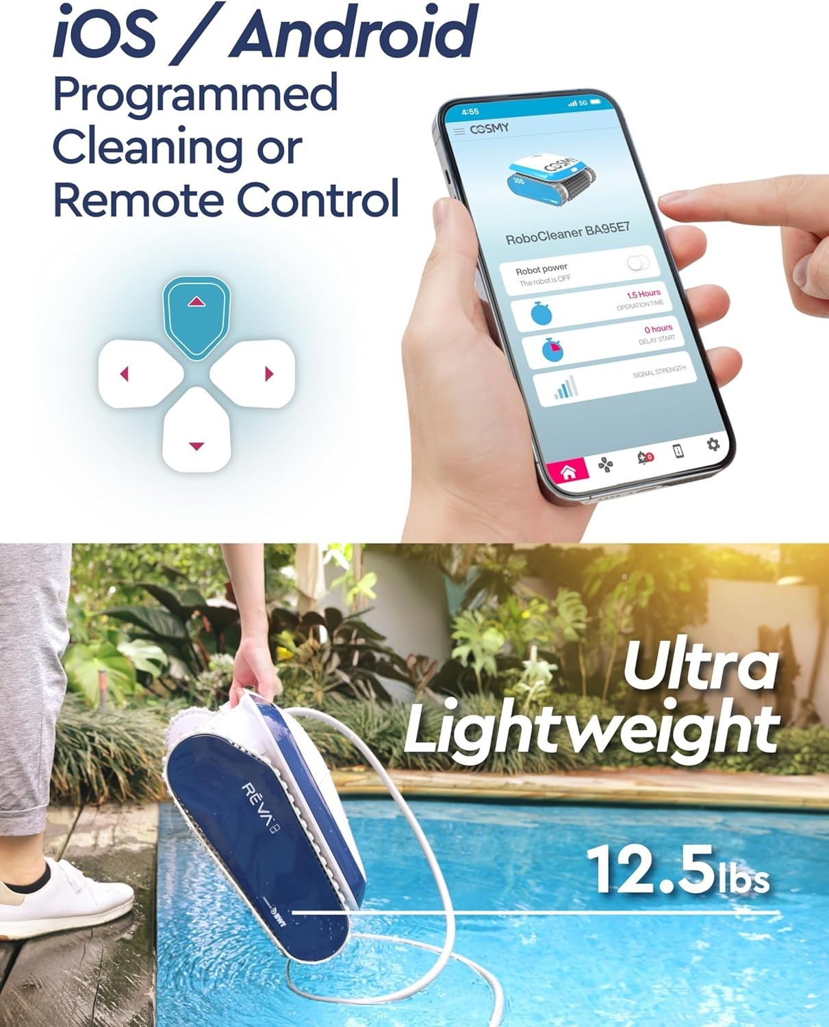 REVA AI Gyroscopic Robotic Pool Vacuum Cleaner, Smartphone APP Control