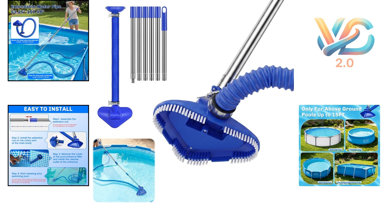 Manual Pool Vacuum Cordless Telescopic Pipe Inlet Strainer Attaches Above Ground