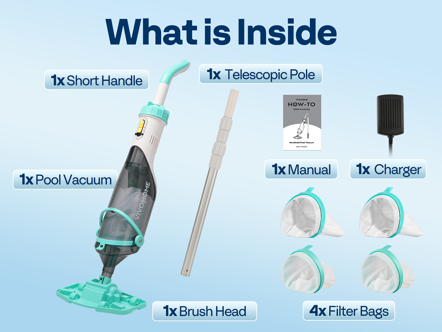 Cordless Rechargeable Pool Vacuum Handheld Pool Cleaner with Telescopic Pole