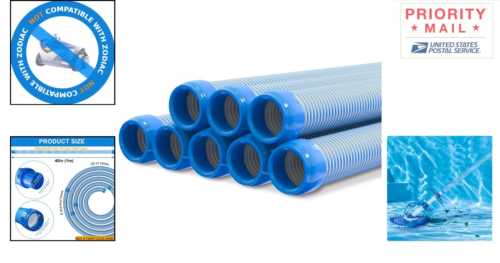 Automatic Pool Vacuum Hose 8 Pack 26 Feet 40 cm Flexible Durable 1.5 Inch Cuffs