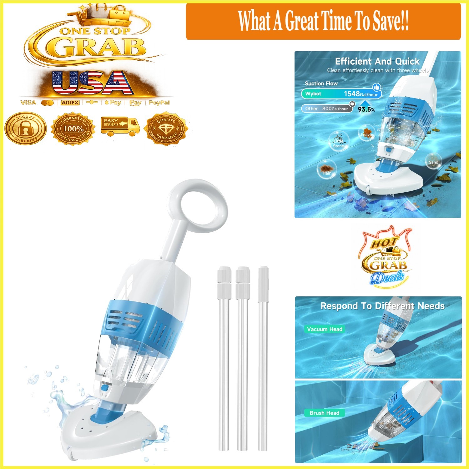 Hyson 100P Handheld Pool Vacuum Rechargeable Telescopic Pole 60 Min