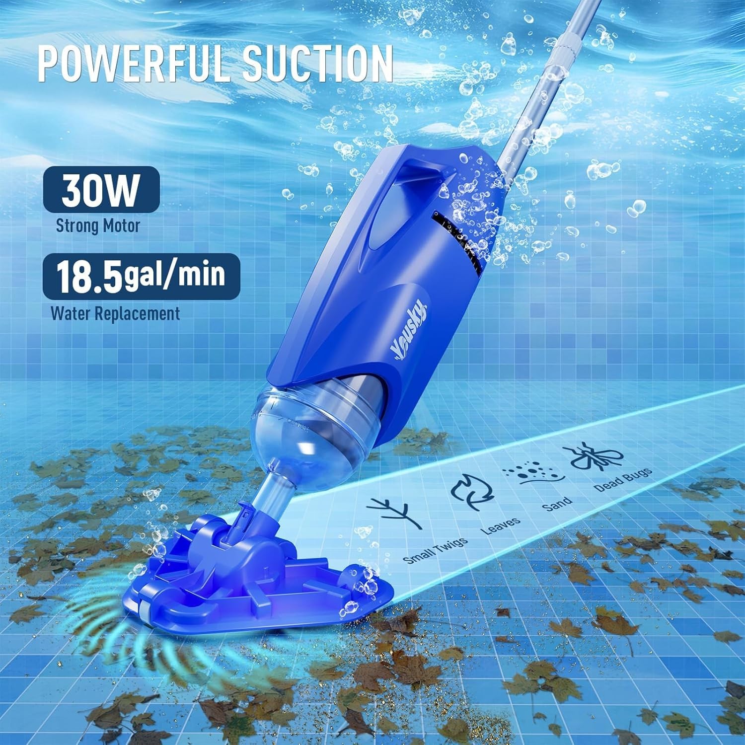 Cordless Handheld Pool Vacuum 18.5GPM Telescopic Pole
