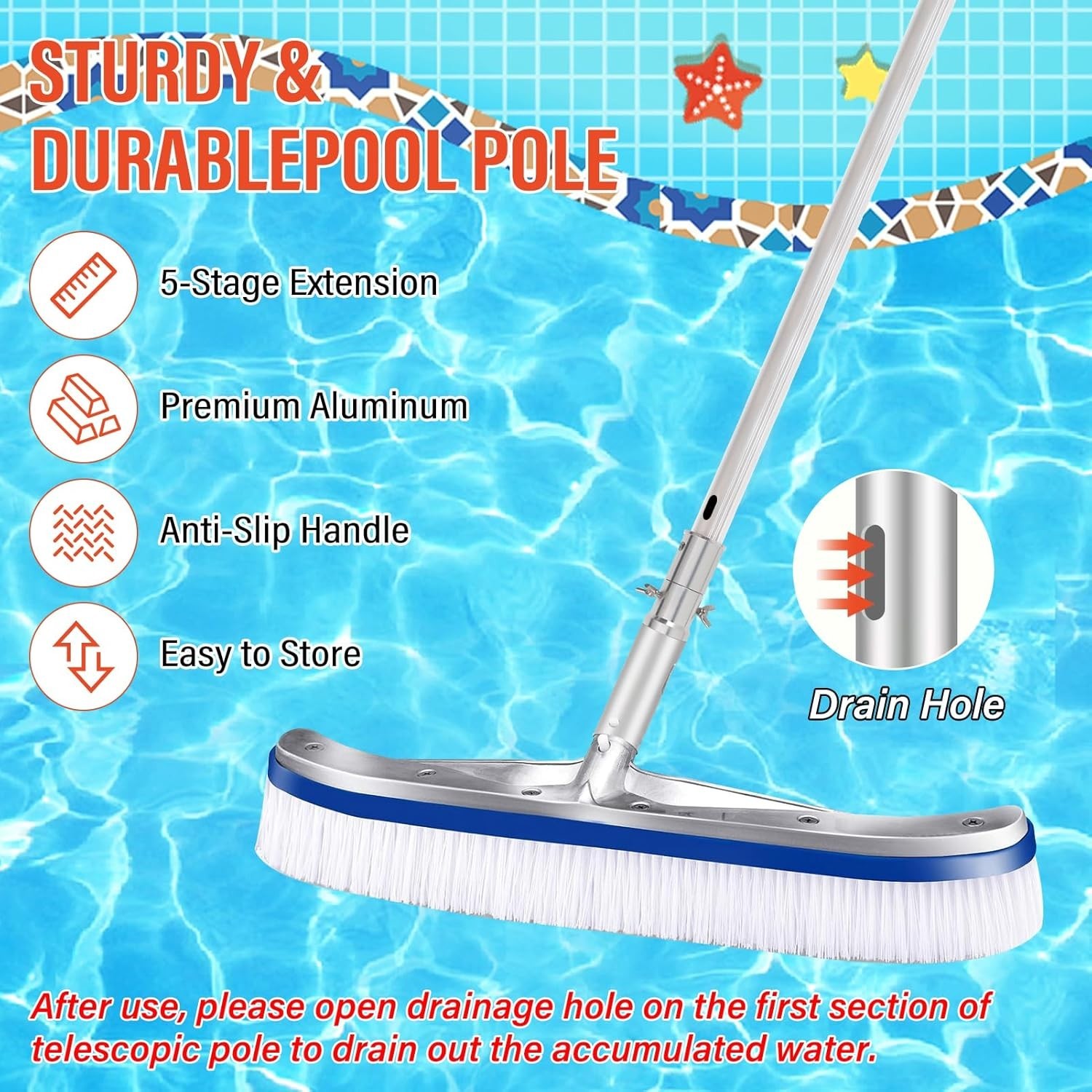 16ft Heavy Duty Aluminum Telescopic Pool Pole with Locks for Skimmer Rake Brush