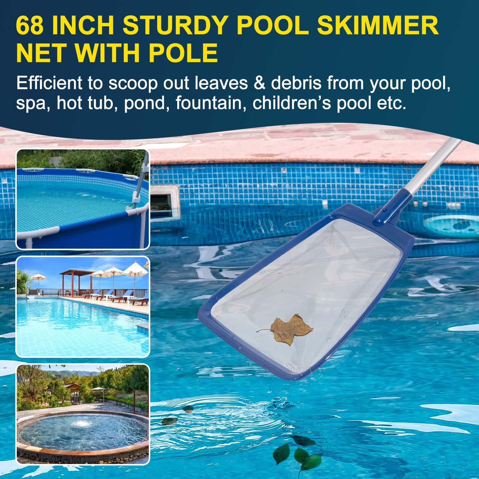 Pool Skimmer Net with Pole Ultra Fine Mesh for Cleaning Pools, Spas & Hot Tubs