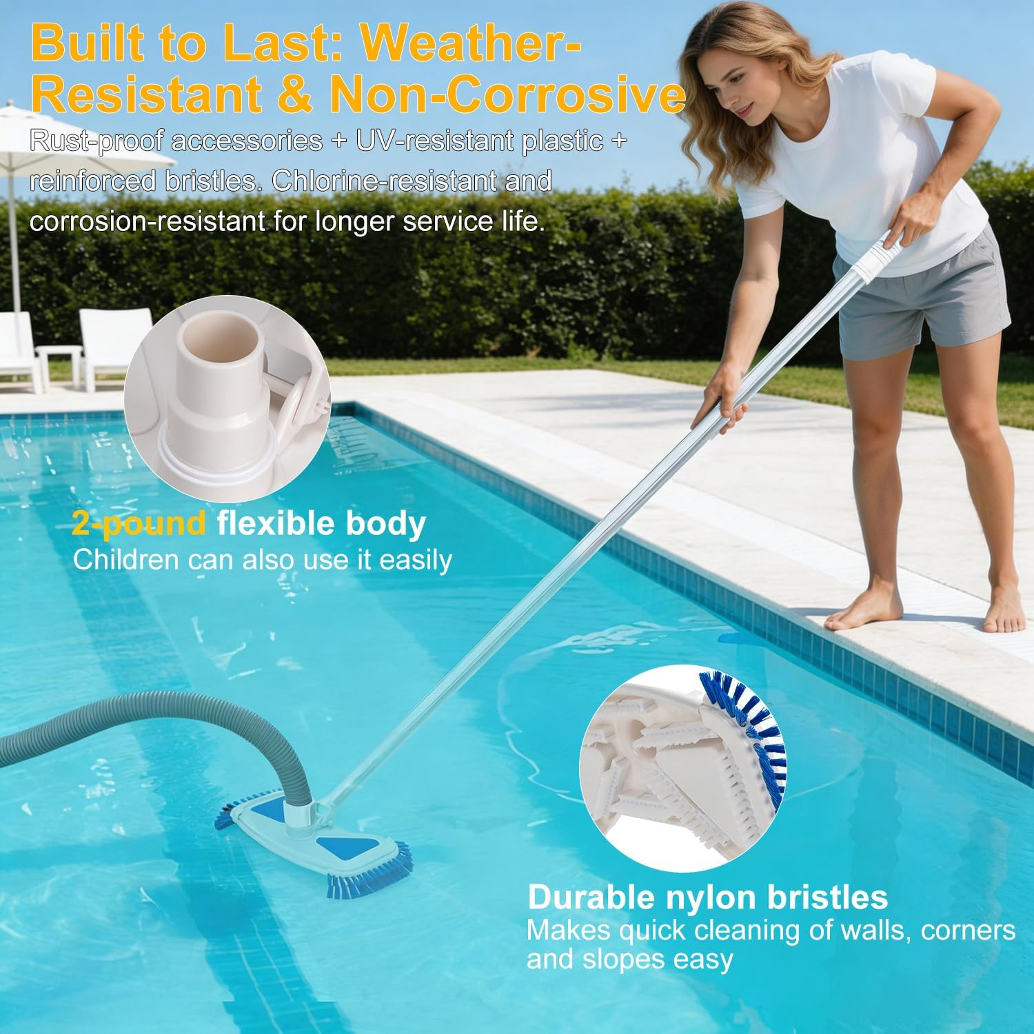Weighted Pool Vacuum Head with Side Brushes, 13.5&Prime; Deluxe Manual Pool Cleaner He