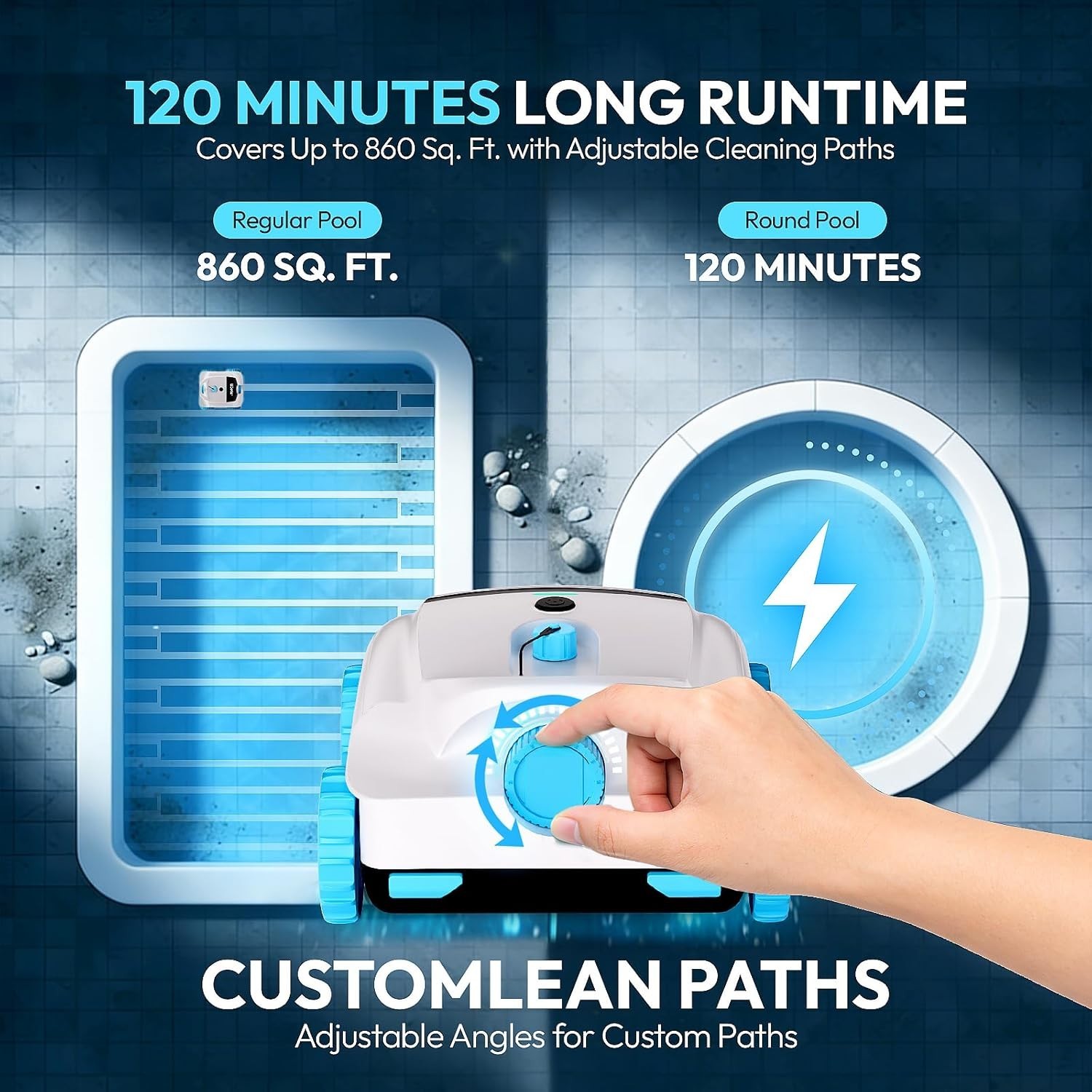 Cordless Pool Vacuum Robot Cleaner Dual Filter Edge Corner 120Min Blue