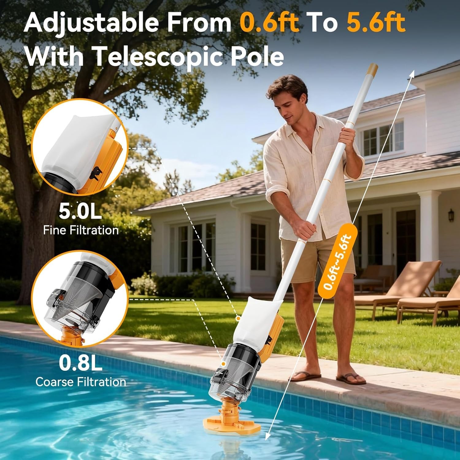Cordless Pool Vacuum Handheld with Telescopic Pole 30 GPM Suction Rechargeabl…