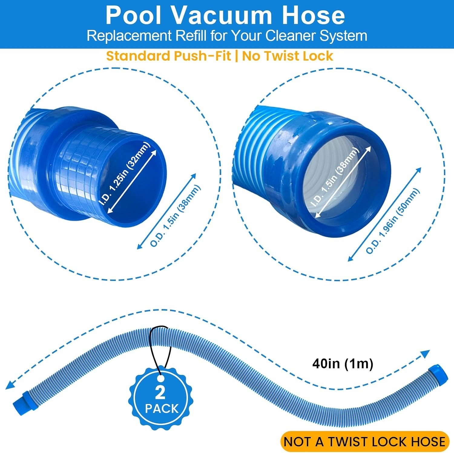 Pool Vacuum Hose 2-Pack, 40&Prime; Spiral-Wound, Blue