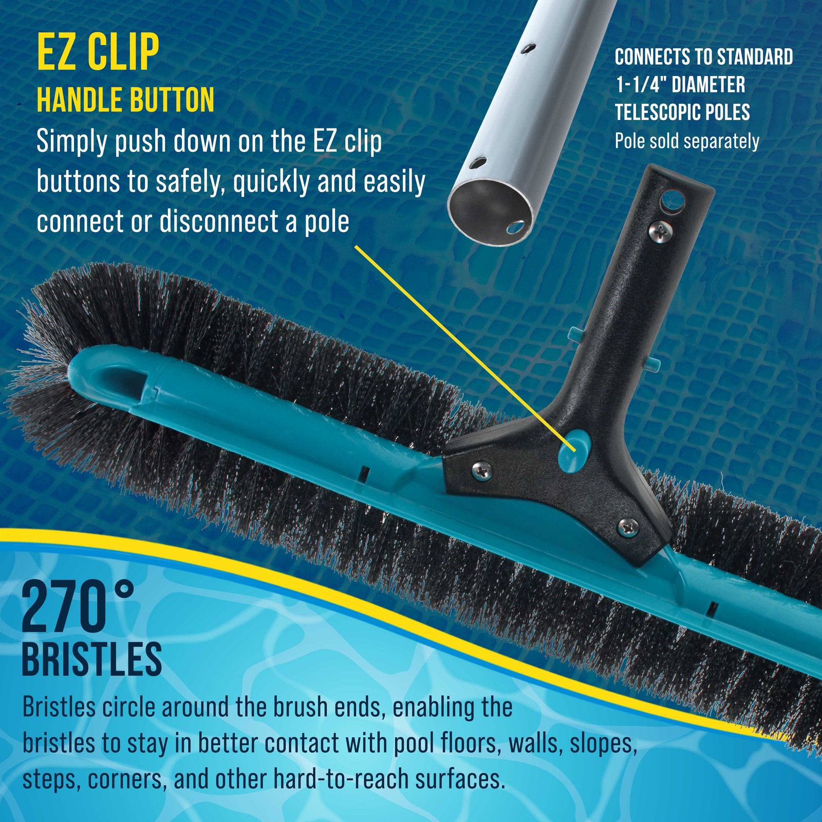 18&Prime; Heavy-Duty Floor & Wall Pool Brush, 270 Degrees Bristles – Reinforced Handle