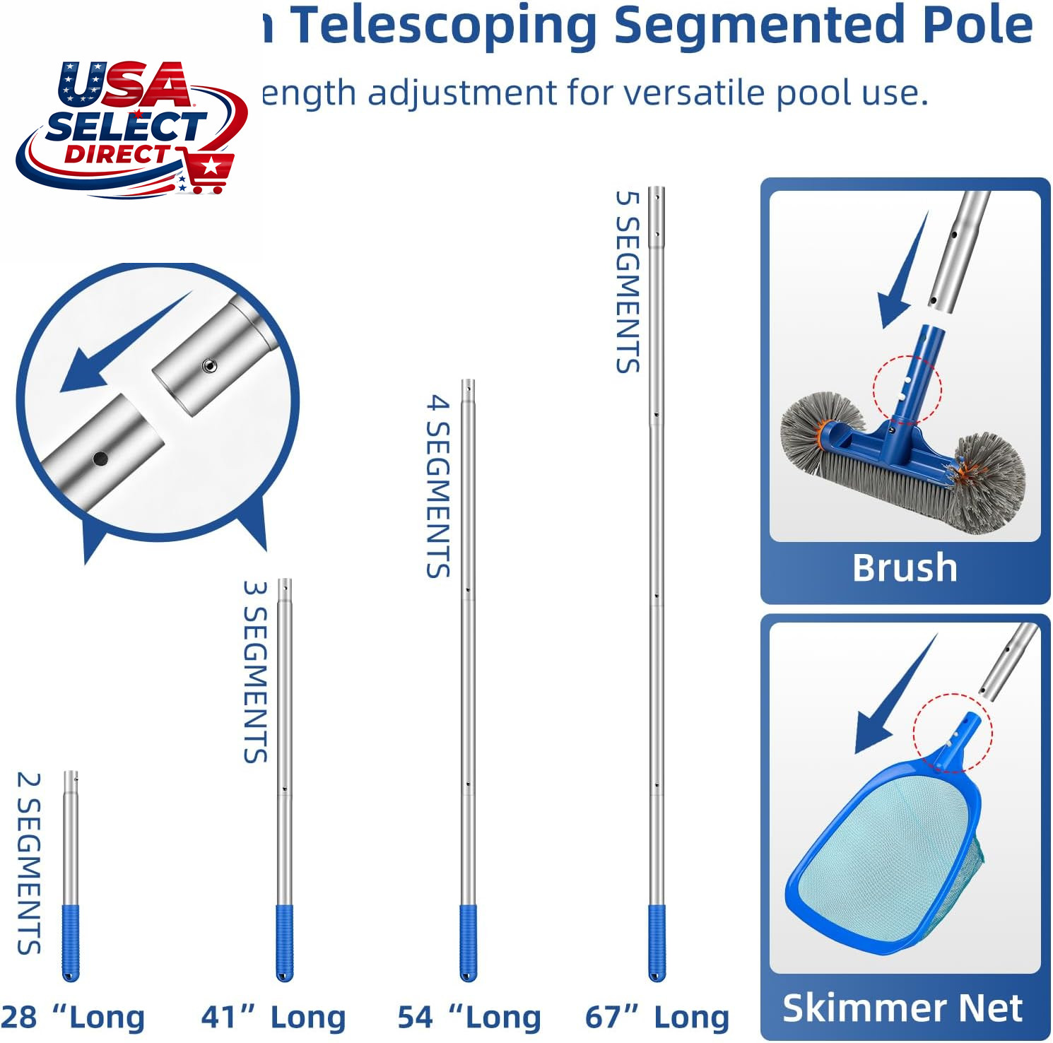 Swimming Pool Cleaning Kit with Aluminum Pole, Skimmer Net, Brush