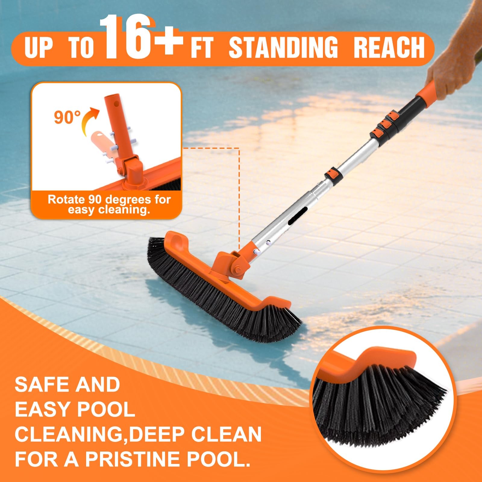 Pool Brush with Pole, 16FT Heavy Duty Telescopic Pool Pole with 18&Prime; Pool Brush,