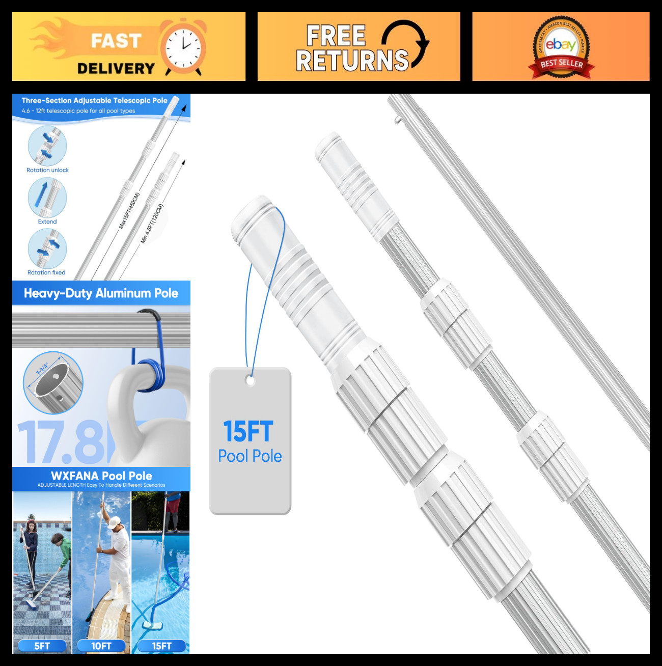 15FT Heavy Duty Telescopic Pool Pole – Adjustable 3-Piece Skimmer & Cleaning Too