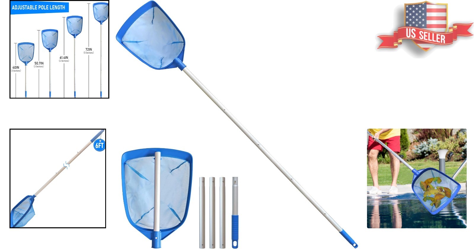 Fine Mesh Pool Leaf Skimmer with 5-Section Aluminum Pole for Effortless Cleaning