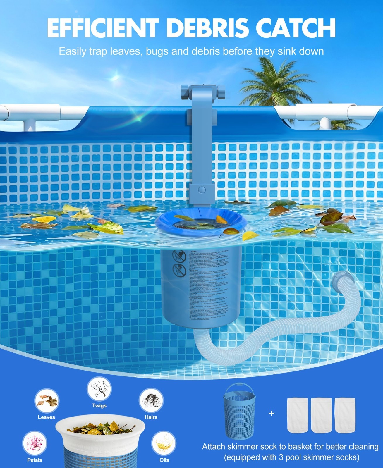 2026 Above Ground Pool Skimmer with 3 Socks | Wall Mount Surface Cleaner, Anti-T