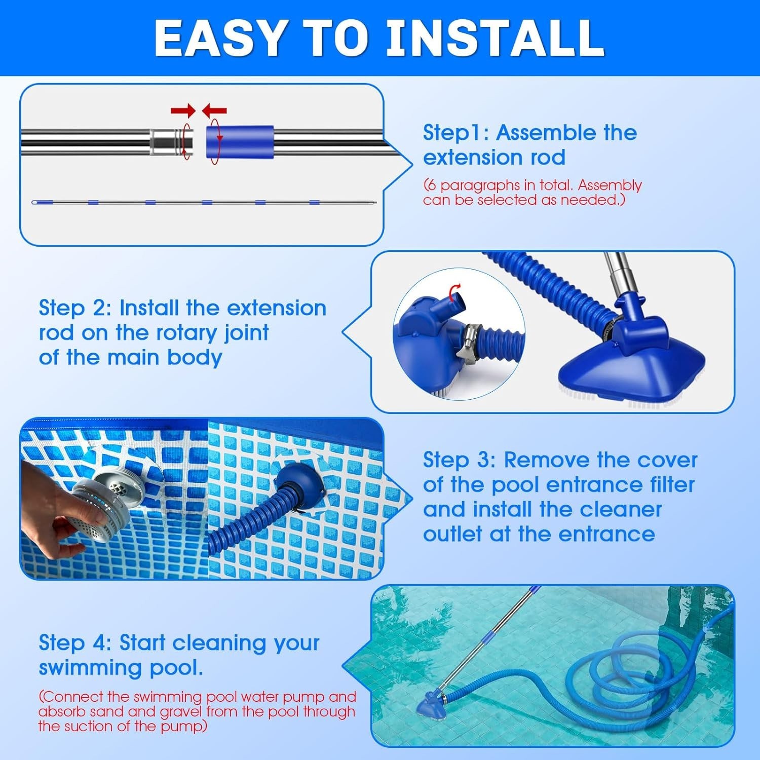 Manual Pool Vacuum Cordless Telescopic Pipe Inlet Strainer Attaches Above Ground