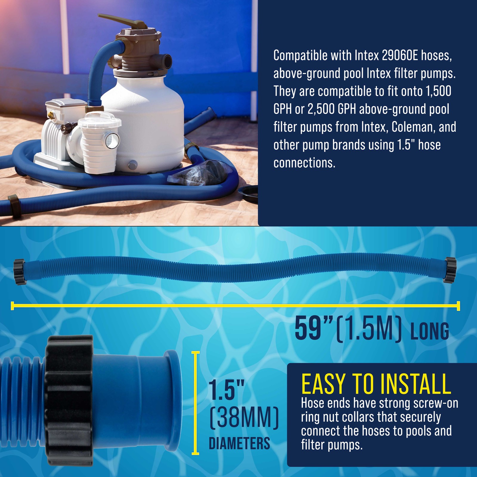 U.S. Pool Supply Above Ground Pool Hose 1.5&Prime; Diameter x 59&Prime;, Blue, 2 Pack