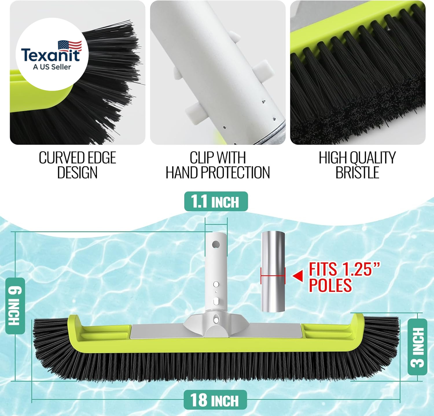 18&Prime; Pool Brush Head for Cleaning Swimming Pool Walls, Curved Ends High-Efficienc