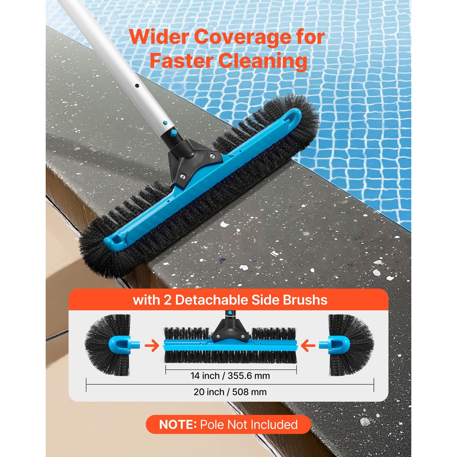 Pool Brush Head, 20 Inch Scrub Brushes with Nylon Bristles and Aluminum Pole Con