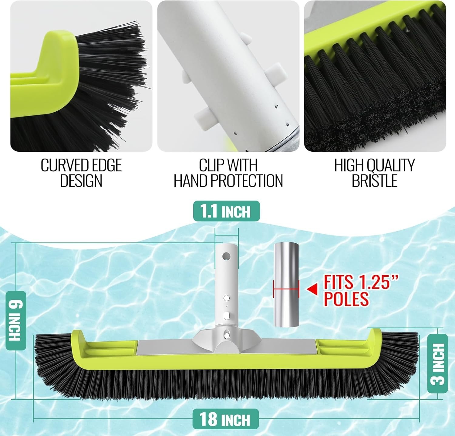 18&Prime; Pool Brush Head for Cleaning Swimming Walls,Curved Ends Scrub Brush Black US
