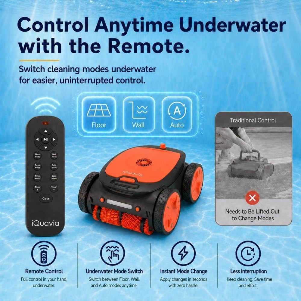 Cordless Robotic Pool Cleaner Remote Underwater Direct Control, 4-Motor 4WD