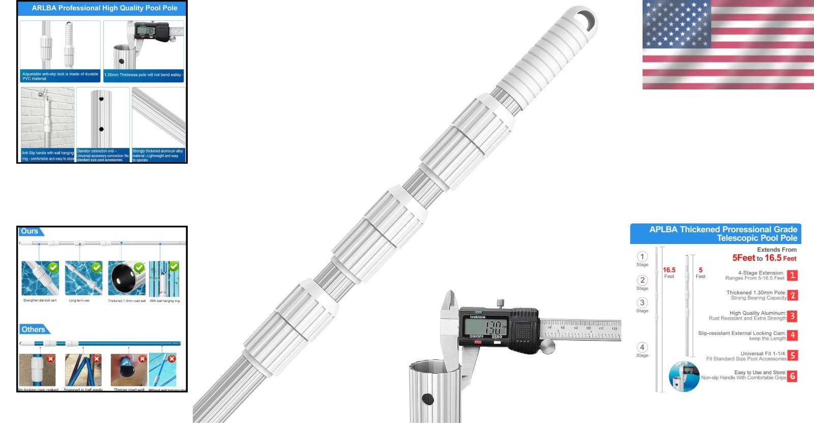 Heavy Duty 16.5ft Telescopic Pool Cleaning Pole – Adjustable Aluminum Design