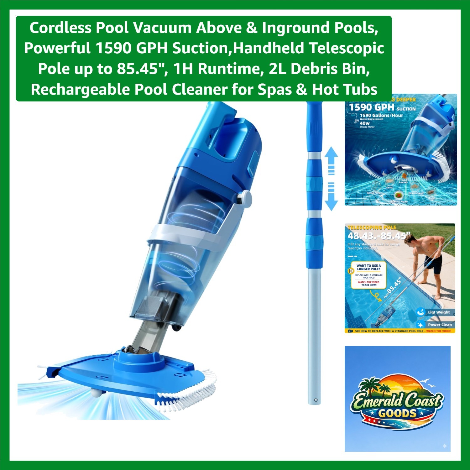 Powerful Cordless Pool Cleaner – Dual Heads, Telescopic , Waterproof Design