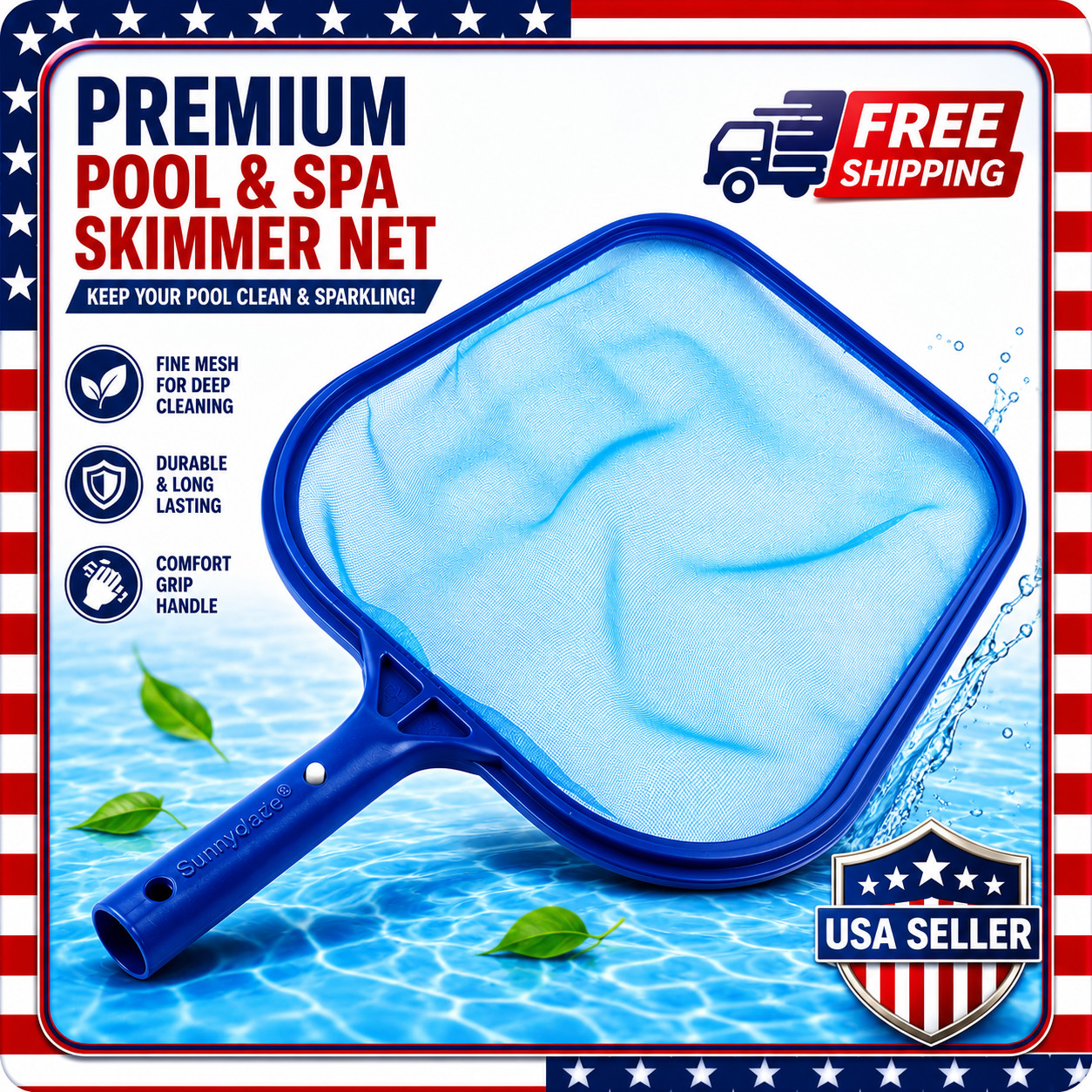 Heavy Duty Leaf Rake Pool Skimmer Net with Mesh Frame Swimming Spa Cleaner